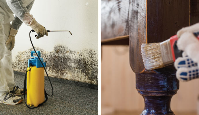 collage of mold remediation and content restoration