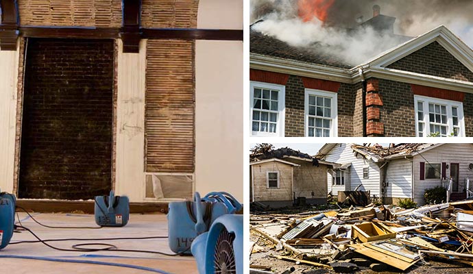 Collage of water fire and storm damage restoration services