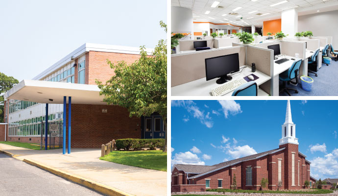 Collage of clean school, office and church